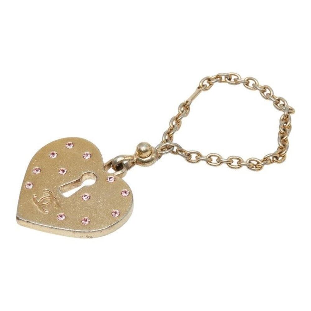Chanel CC Logo Heart Motif Rhinestone Plated Charm Gold